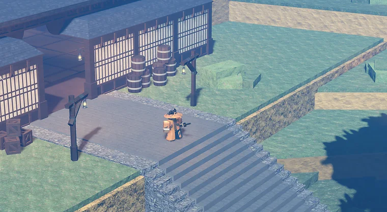 A samurai overlooking a stepped village plaza in Vital