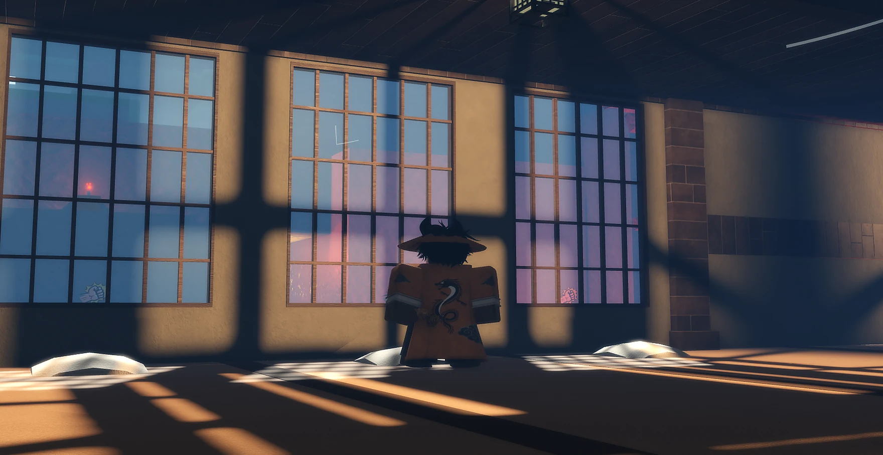 A warrior standing inside a shadowed, sunlit interior in Vital