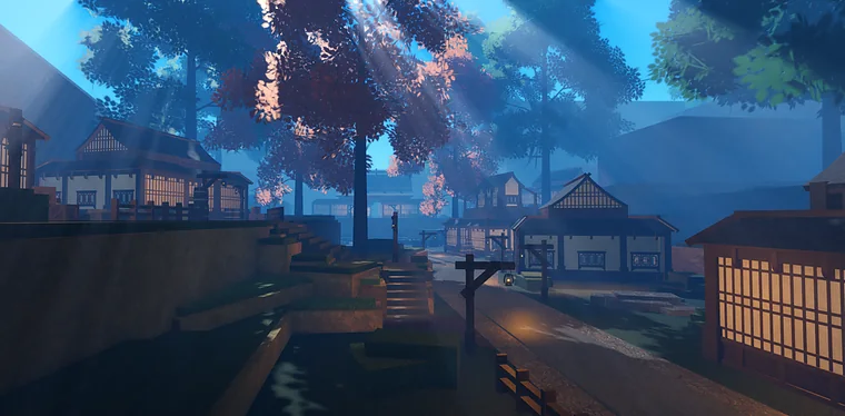 A lantern-lit village with red-leaved trees in Vital