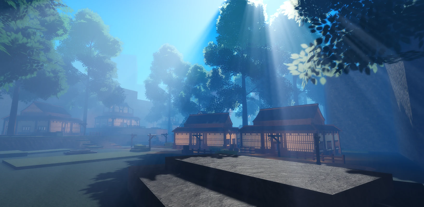 Sunbeams cutting through trees over a Japanese-inspired village in Vital