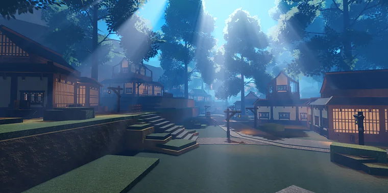A broad village street beneath tall trees and sunlight in Vital